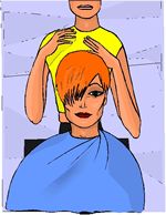 Female hair stylist with her hands on redhead lady in salon chair